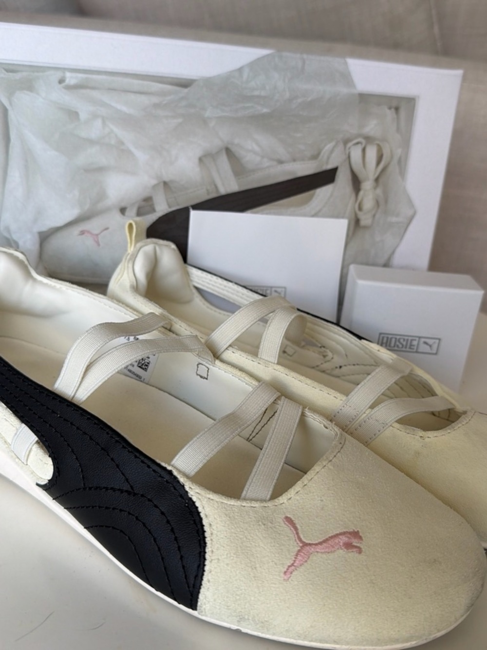 Puma Cream and Black Ballet-Style Slip-On Flats with Pink Logo